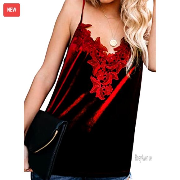 Velvet V-Neck Lace Cami Tank Top, Sexy Flare Style - Picture 4 of 7